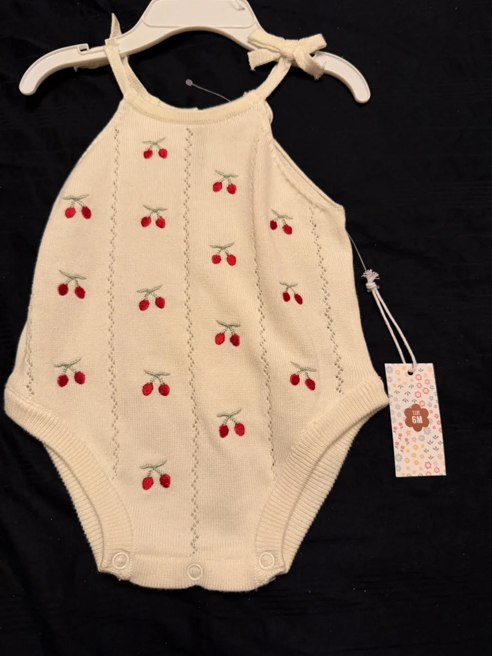 Cream Knit Cherry-Embroidered Baby One-Piece Romper by Between